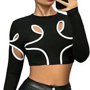 SWIRLED CONTRAST Black Cutout Long Sleeve Crop Top XS S M L